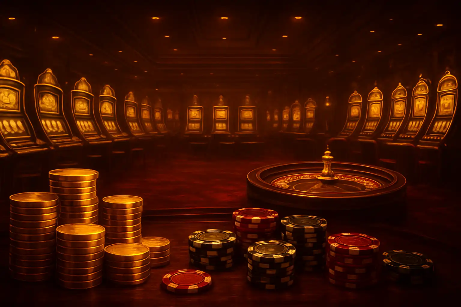 Ambiance de casino en ligne SpinBoss avec machines à sous et jetons dorés